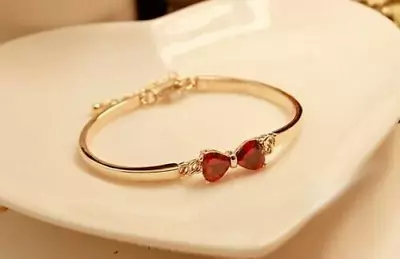 Lab Created Red Garnet Diamond Heart Women Bangle Bracelet14K Yellow Gold Plated • $153.99