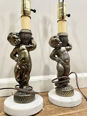 Pair Of Vintage Marble Base Brass Cherub Table Lamps Gold Victorian + • $60