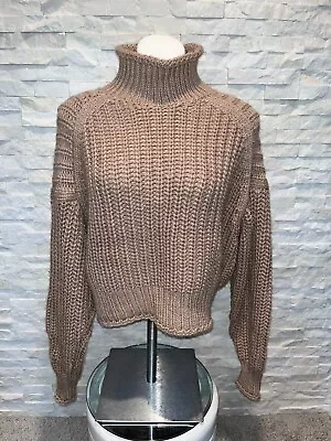 EUC Women's H&M Chunky Cable Knit L/S Oversized Crop Mock Sweater Tan Medium • $24.99