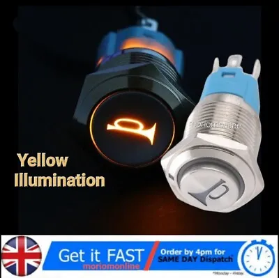 YELLOW 16mm LED Light Horn Button Momentary Metal Switch Push Button Car 12v • £6.99