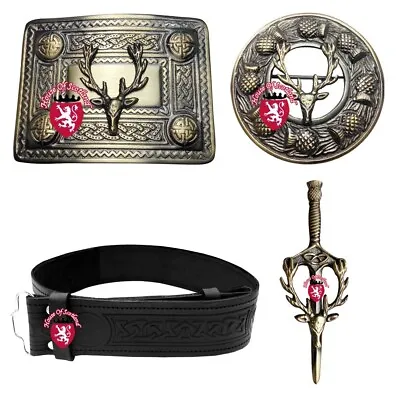 Kilt Outfit Leather Belt Celtic Knot Embossed Fly Plaid Brooch Pin Stag Head 3  • £26.99