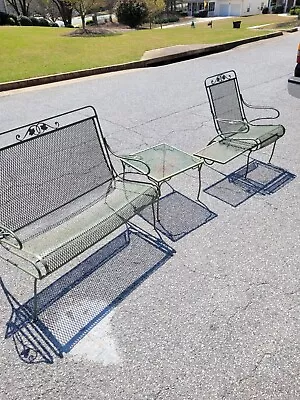 Vintage Mid-Century Wrought Iron Patio Furniture Bench Chair & Table • $359.99