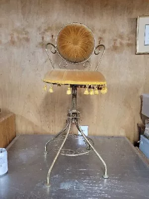 Vintage Mid Century  Goldtone Metal Swivel Vanity Stool Chair W Gold Padded Seat • $45