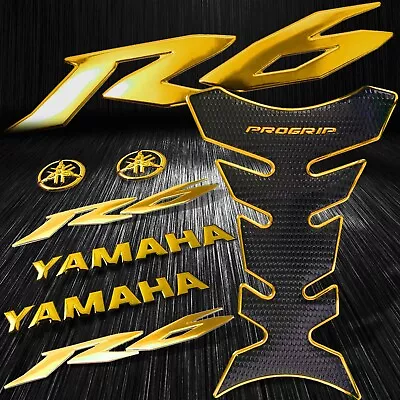 Chromed Gold Pro Fuel Tank Pad+6  3D Logo+Letter+YZF-R6/R6S Emblem Sticker Kit • $37.98