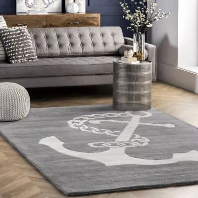 Nautical Anchor Grey Hand-Tufted 100% Wool Soft Area Rug Carpet • £139.50