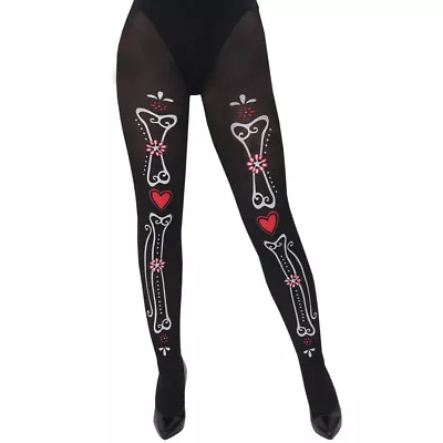 Adults Ladies Day Of The Dead Halloween Theme Tights Scary Horror Fancy Dress • £4.99