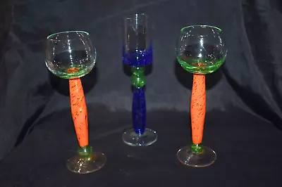 Vintage? Art Glass Hand Blown Glasses With Colored Stems Lot Of 3 • $44.99