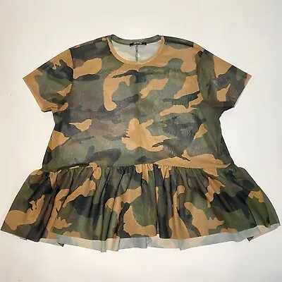 Zara Trafaluc Camo Sheer Peplum Oversize Blouse Short Sleeve Top Women's Size S • $18.83