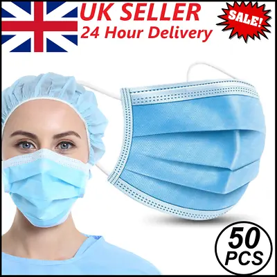 50 Disposable Masks 3ply PPE Non-Medical Surgical Protective Face Guard Mask UK • £6.95