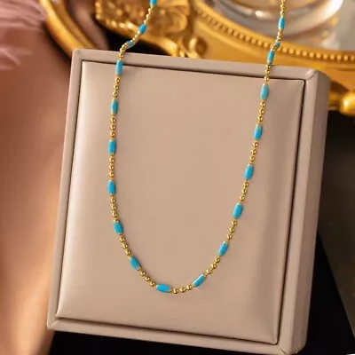 Woman 18K Gold Plated Stainless Steel Enamel Blue Bead Oval Necklace Chain • $9.99
