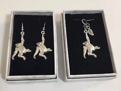 Silver Monkey Pendant Necklace & Dangle Earrings Gift Set 18-20” Long Black Cord • $29.95