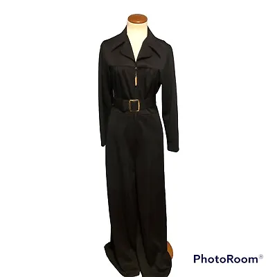 Vintage 70s  One Piece Jumpsuit Black Polyester Disco Pointed Collar Sears Small • $59.50