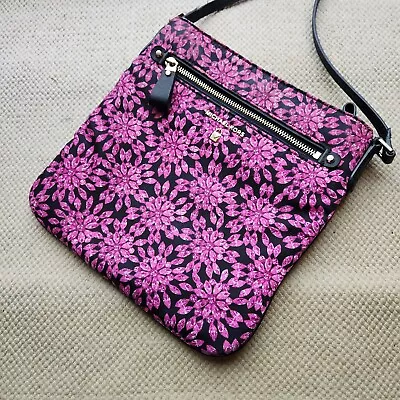 Michael Kors Black Gold Pink Floral Kelsey Crossbody Bag Purse Boho Cottagecore • £36.05