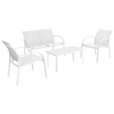 4 Seater Metal Garden Sofa Set Glass Top Outdoor Coffee Table Chairs White • £85