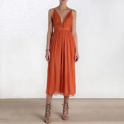  Zimmermann  Womens Rust Arcadia Plunge V Silk Midi Dress - Size 1 (aus 10) • $95