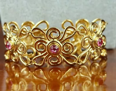 Vintage 1992 Avon Bold Flowers Wide Gold Tone & Pink Rhinestones Bracelet 7.25  • $13.99