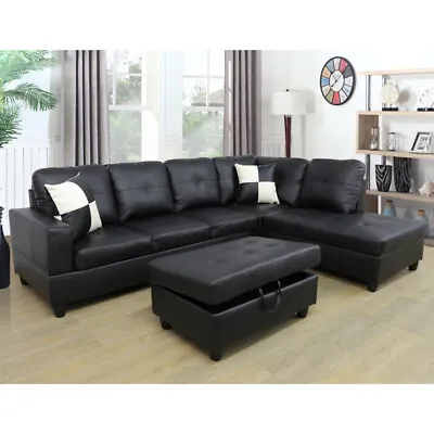 Blcak L Shape  Faux Leather 3-Piece Couch Living Room Sofa Set • $785