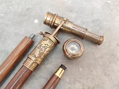 Vintage Brass Telescope Handle Wooden Walking Stick Cane Spyglass Antique Scope • £30