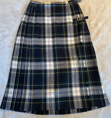 Vtg 100% Wool Tartan Green Pleated Plaid Fringe Kilt Like Skirt W/kilt Pin Sz 10 • $24.95