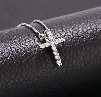 Mens Woman Lab Simulated Diamond Small Iced Gold Mini Cross Pendant Necklace • $9.99