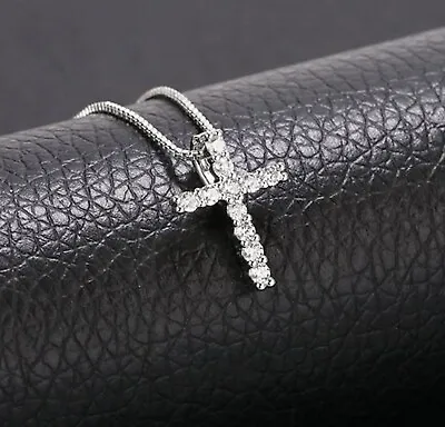 Sterling Silver 925 IP Cz Cross Pendant Necklace Womens Small Tiny Thin Cross • $12.99