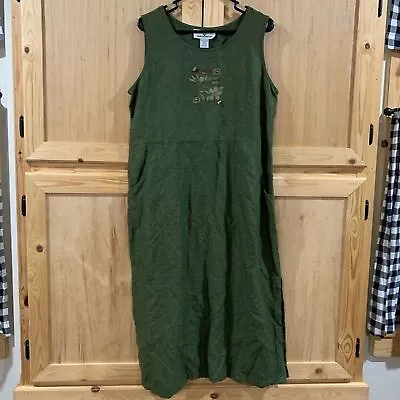 Erin London Green “Bird” Silk/linen Jumper Dress Size L • $35