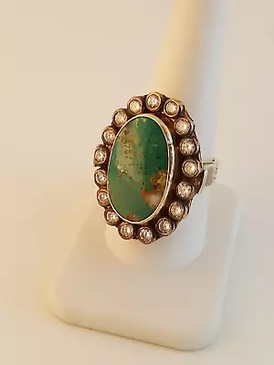 Vintage Green Turquoise & Crystal Sterling Silver Goldwash Ring Sz 91/4 • $39.95