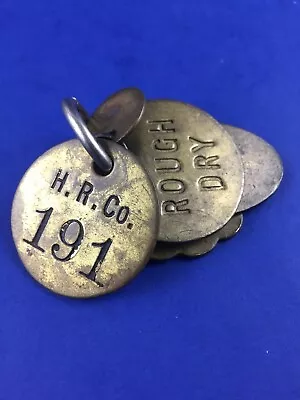 Vintage Lot 5 Brass Tags With Ring HR Co Wash Over Flat Rough Dry • $29.99