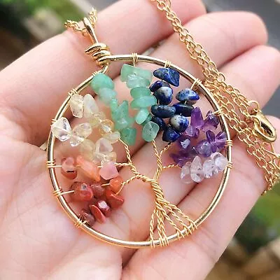 7 Charka Gem Tree Of Life Water-Drop Necklace Chakra Reiki Healing Amulet • $1.25