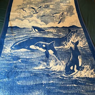 Vintage Reversible Mexican Blanket Killer Whale Orca Family Blue White 52x88” • $60