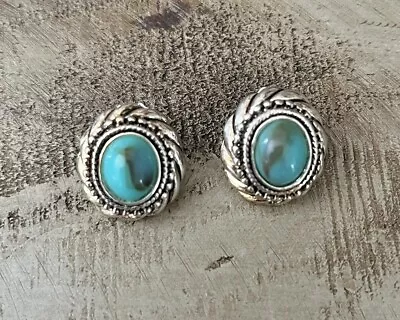 Vintage Avon Signed Oval Silver Tone Faux Turquoise Stone Stud Marbled Earrings • $11.99