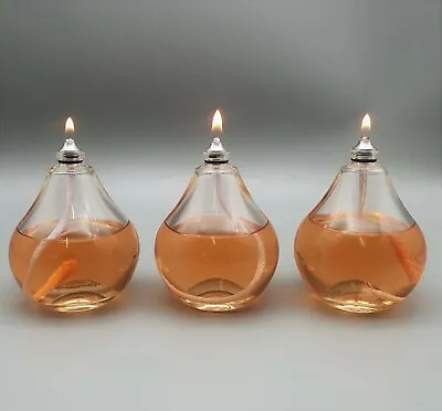 Set Of 3 Teardrop Glass Oil Lamps For Use With Sootless And Odourless Lamp Oil • £28.99