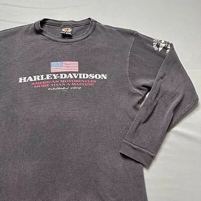 Vintage Harley Davidson Shirt Mens S Black Long Sleeve USA Flag 90s Waffle Knit • $24.99