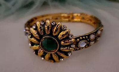 Vintage Gold Plated FLOWER Cuff Bangle Hems Stones Beautiful Rare Find • $43