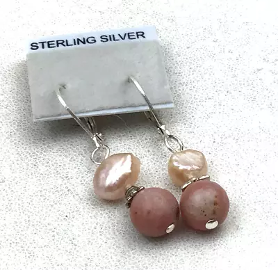 Sterling Earrings 925 Silver Lepidolite Gemstone Blush FW Pearl Pierced NO OFFER • $10