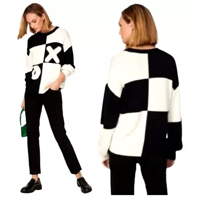 Staud Black And White Crew Neck Wool Blend Tic Tac Toe Sweater Size S • $106.24