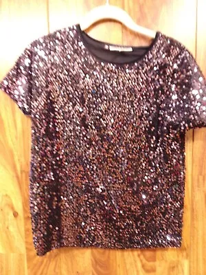 JENNIFER LOPEZ XS Blue Sequin Blouse Top Short Sleeves Womens • $10.88