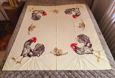 Vintage Yellow CALIFORNIA HAND PRINTS Rooster TABLECLOTH Farmhouse/Cottage 52x46 • $49.99