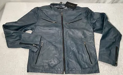 Barney & Taylor Mens Medium Size Blue Cafe Racer Style Leather Jacket Rrp £450 • $223.79