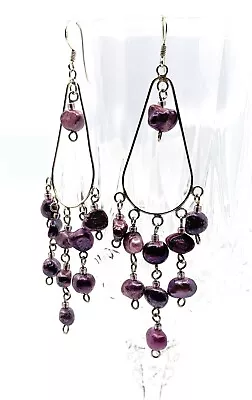 Sterling Silver Purple Peacock Pearl Chandelier Drop Earrings Lightweight • £12.99