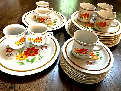 Beige Red Boho Stoneware Dinner Set Serving Platter Salad Dish Coffee Cups Mugs • $197