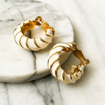 Vintage Kenneth Jay Lane Earrings Cream Enamel Gold Toned Hoops Clip On • $87.50