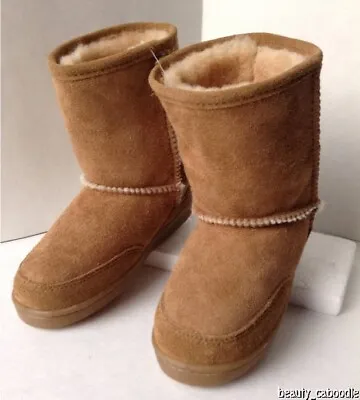 NEW MINNETONKA Children's Golden Tan Suede Sheepskin Moccasin Pug Boots • £24.29