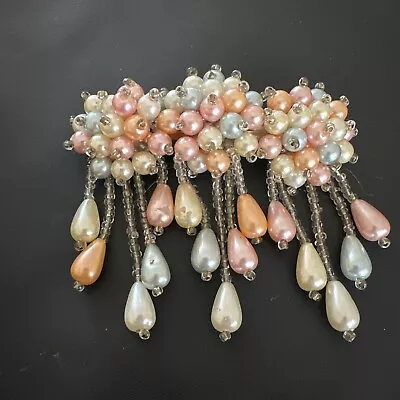 £22 • Buy Sunburst 3  Rosette Faux Pearl Pink Waterfall Beaded Hair Clip Prom Vintage