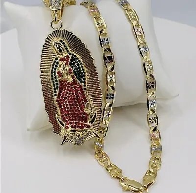 Virgen De Guadalupe CZ De Colores  Cadena Tres Tonos Baño De Oró Italiano • $45