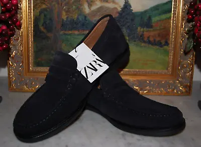 New W Tag Zara Black Suede Penny Loafers Mens Moccasin Shoes Size: 10 Usa 43 Eu • $89.75