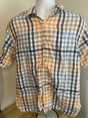 Tommy Bahama Relax White Blue Orange Plaid Checkered Large 100% Linen Shirt • $24.95