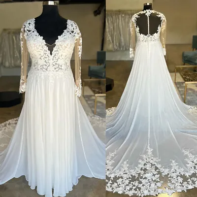 Plus Size V Neck Lace Boho Chiffon Wedding Dresses  Long Sleeves Bridal Gowns • $145.36