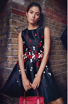 Karen Millen Dress 10 Black Embroidered With White And Red Flowers • £45