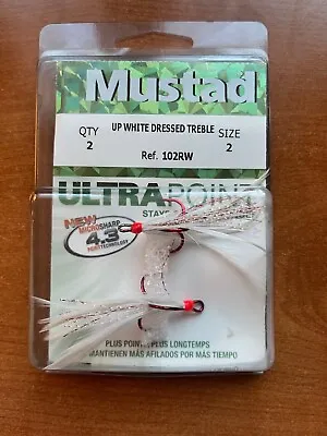 NEW Mustad 102RW Size 2 Dressed White Feather Red Treble Hooks Pack Of 2 • $8.95